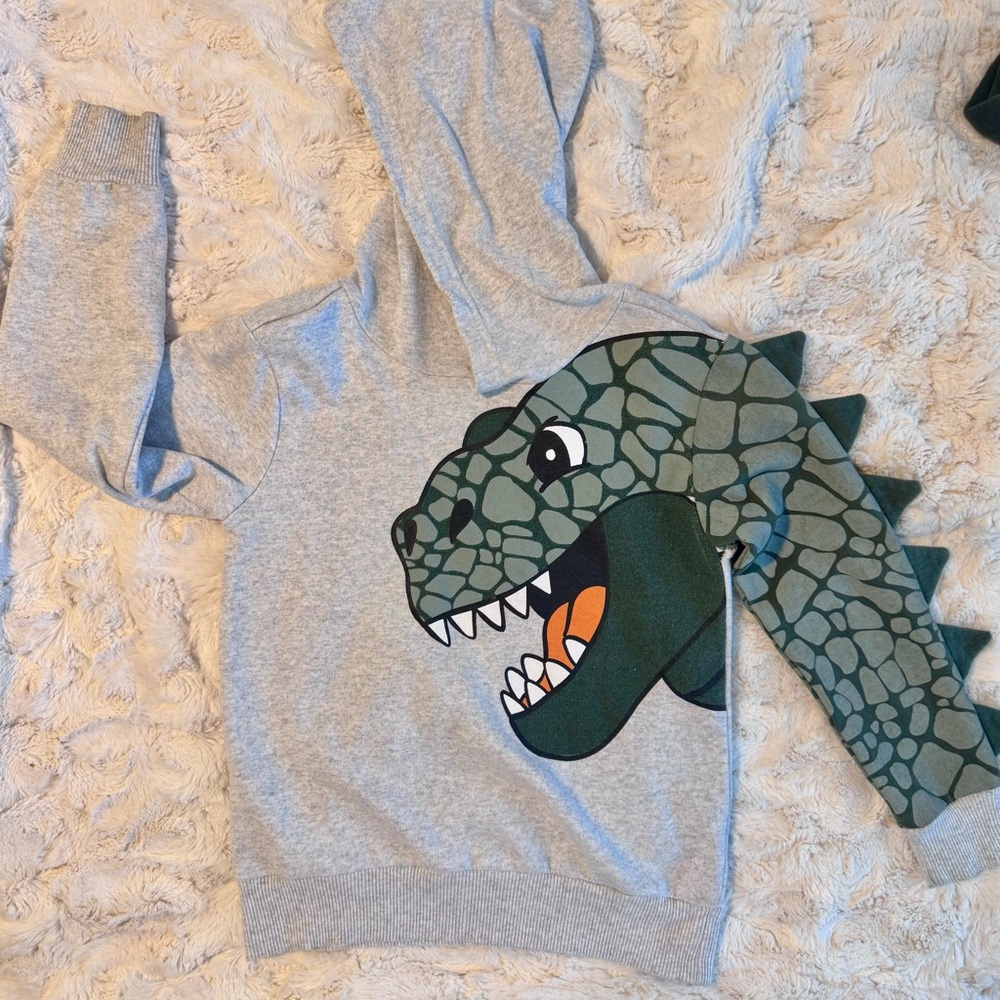 Gray Dinosaur Hoodie with Green Print